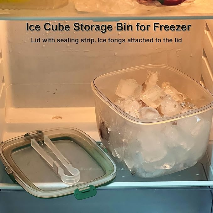 4QTS Ice Cube Storage Bin with Sealed Lid for Freezer Clear Ice Bucket w/ Tong for Bar Hotel Refrigerator Containers for Home Beverage Cooler for Whiskey Wine Beers Party Outdoor 8.5*6.6*7.4in