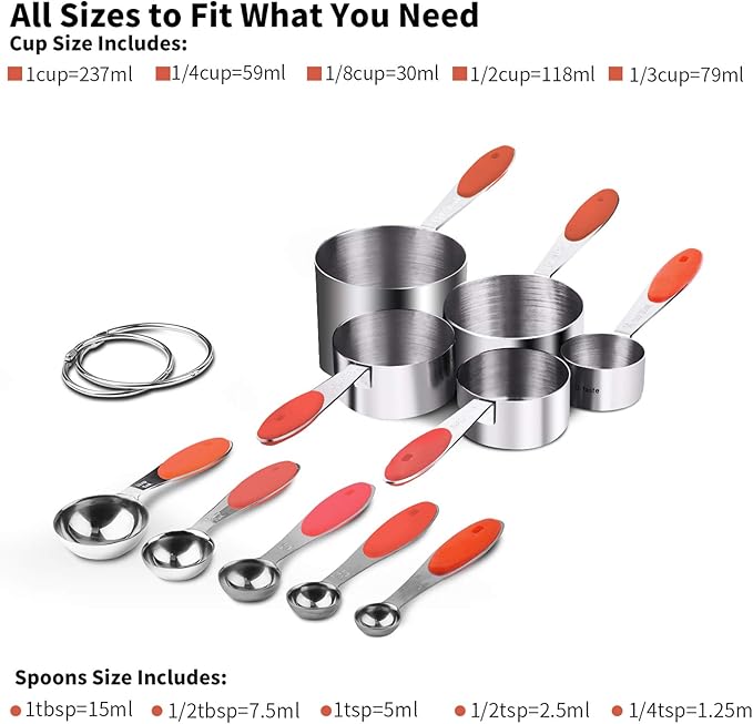 U-Taste 18/8 Stainless Steel Measuring Cups and Spoons Set of 10 and 12.6in Stainless Steel Danish Dough Whisk (Red)