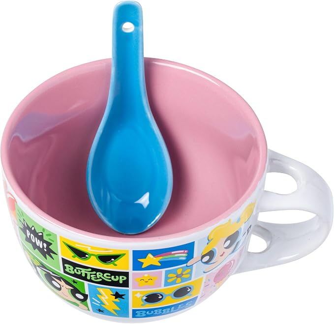 Silver Buffalo The Powerpuff Girls Comic Panels Featuring Bubbles, Blossom, and Buttercup Ceramic Soup Mug Spoon Set, 24 Ounces