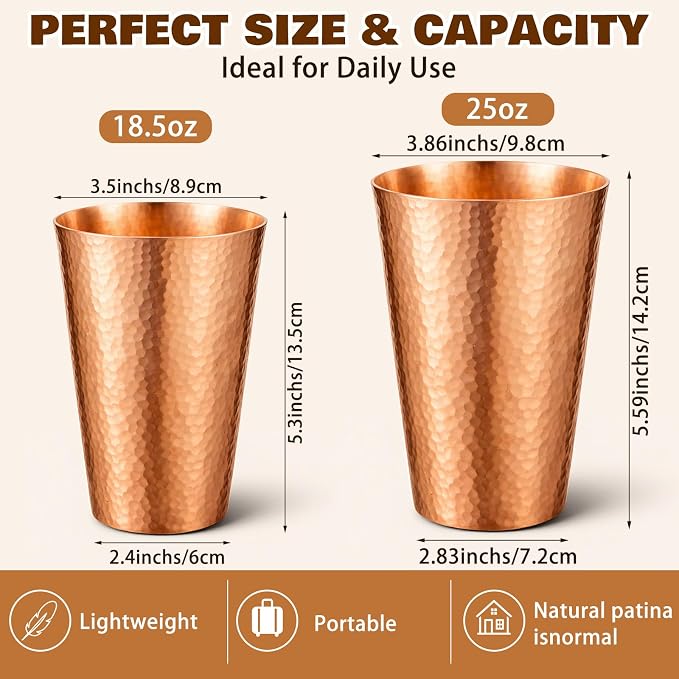 Willinglong 2 Pcs 100% Pure Copper Cup Tumblers 25 oz 18.5 oz Handcrafted Hammered Copper Cups, Ayurvedic Health Benefits Drinking Vessel for Family Health Water, Cocktails, Iced Tea Glasses(Threaded)