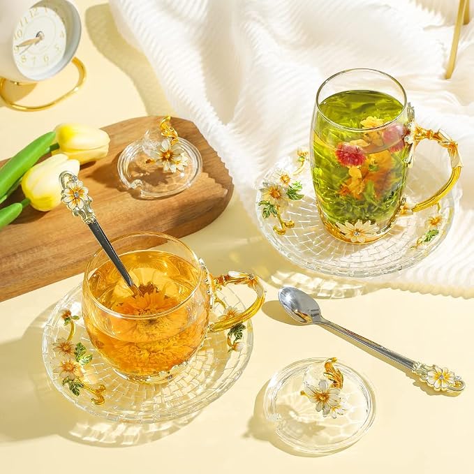 Gift for Women Christmas Birthday Mother's Day Glass Tea Cup with Lid Cute Coffee Mug Daisy Flower Vintage (11oz YellowDaisy)