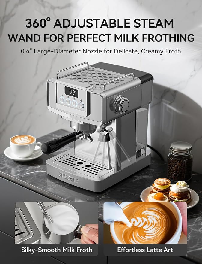 SUMSATY Espresso Machine 20 Bar, Stainless Steel Espresso Maker Professional Expresso Machine with Power Steam & LED Display for Home Barista, Americano, Latte, Cappuccino Maker, 1.8L Water Tank