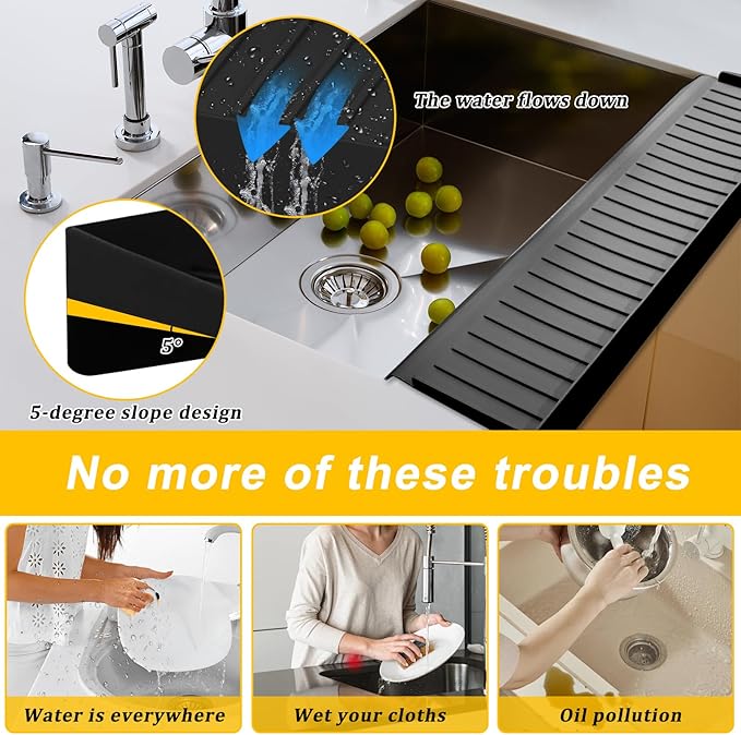 Kitlers Silicone Edge Protectors - Multifunction Sink Accessories, Splash Guard & Draining Mat for Kitchen, Bathroom Sink, Steel, Granite, Quartz Countertops(Black)