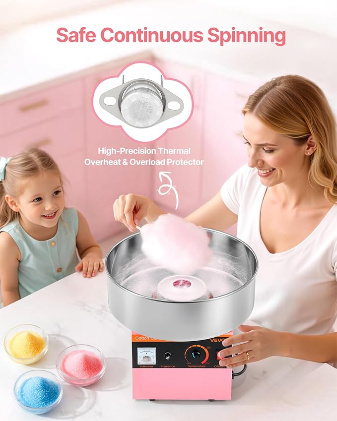 VEVOR Cotton Candy Machine Commercial, 1000W Electric Candy Floss Maker, Easy Use with 15 inch Stainless Steel Bowl and Sugar Scoop, Makes Hard Candy for Home Kids Birthday, Family Party, Pink