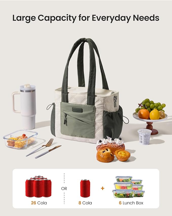 LOVEVOOK Lunch Box for Women, Quilted Insulated Lunch Bag Tote with 40oz Water Bottle Holder, Large Leakproof Cooler Bag for Women with Shoulder Strap, Work Office Nurse Teacher Picnic Travel