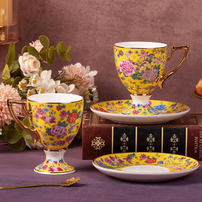 KAMMAK Tea Cups and Saucers Set of 2, Porcelain Coffee Cups, 7oz Stackable Espresso Mugs, Ceramic Demitasse for Coffee, Latte, Americano, Tea (622N)