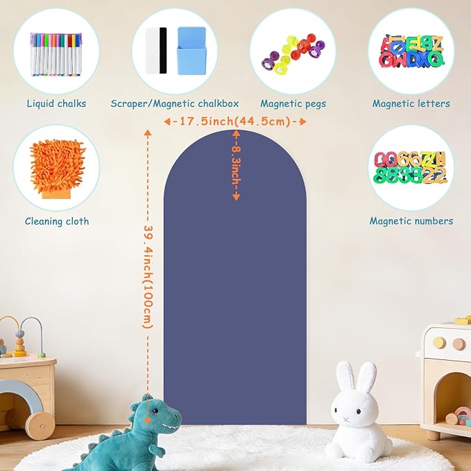Dusty Blue Magnetic Chalkboard for Wall - 39.3”x17.5” Peel and Stick Magnetic Blackboard with Bonus Magnet Letters & Starter Accessories Arch Wall Decal for Classroom Kids Playroom Coffee Shop