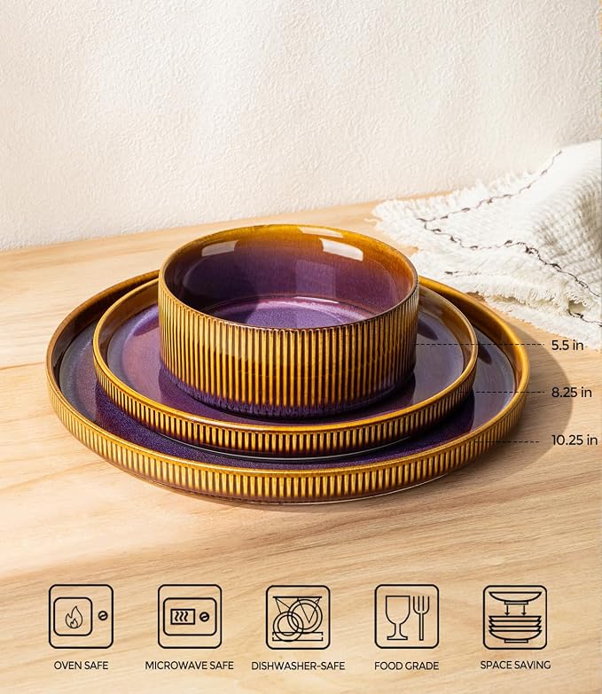 TheTerra Ceramic Dinnerware Sets for 8, 24 Pieces Porcelain Lightweight Plates and Bowls Sets, Scratch Resistant Dish Set, Oven & Microwave & Dishwasher Safe, Amber Amethyst