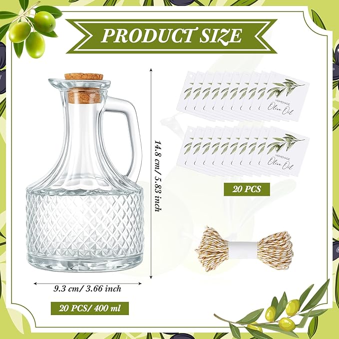Vesici 20 Set 14 oz Olive Oil Bottle with Stopper Mini Glass Oil Cruet Dispenser with Label Vinegar Bottle with Spout for Kitchen Salad Dressing Syrup Container for Wedding Baby Shower Favors