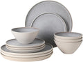 Gibson Elite Coastal Forest Plates and Bowls Sets, 12-Piece Stoneware Dinnerware Sets, Triple Reactive Glaze Dish Set - Light Grey and Cream White