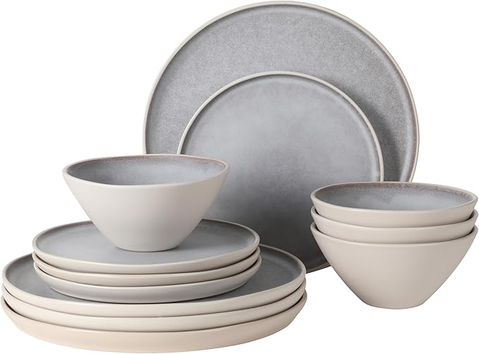 Gibson Elite Coastal Forest Plates and Bowls Sets, 12-Piece Stoneware Dinnerware Sets, Triple Reactive Glaze Dish Set - Light Grey and Cream White