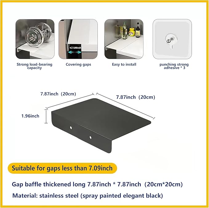 Metal Kitchen Refrigerator Gap Partition Countertop Gap Extension Board,Gap Covers Between Countertop and Walls, Refrigerator Side Partition, No Drill(Black,7.87 * 7.87inch)