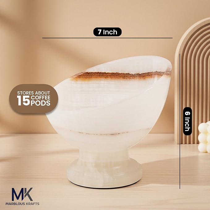 Marblous Krafts White Onyx Marble Coffee Pods Holder for Counter 7 Inch Espresso Accessories Storage Bowl, Pod Organizer, Coffee Bar Decor, Stone Kitchen Countertop Holder & Decorative Bowl for Fruit