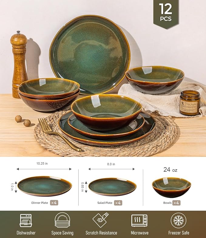 GBHOME Stoneware Dinnerware Sets for 4, 12 Pieces Rustic Earthenware Plates and Bowls Set, Handmade Reactive Glaze Ceramic Plate Sets, Chip Resistant Dishes, Microwave & Dishwasher Safe, Green Brown