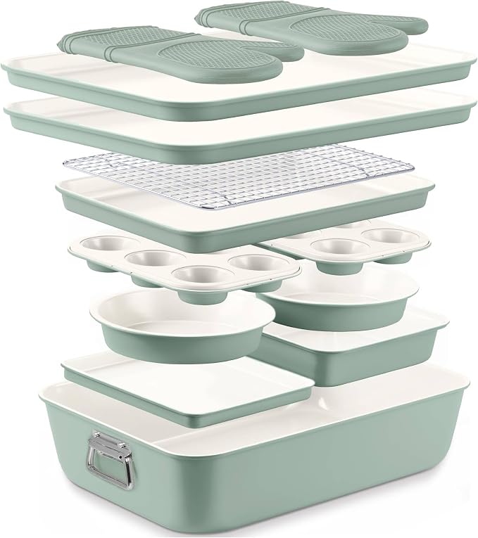 Country Kitchen Nonstick Stackable Bakeware Set - Deluxe Heavy Duty, Durable, Easy Release Baking Set, Sage, 13 Pcs with Handles