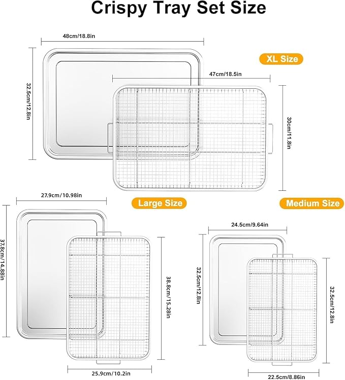 Air Fryer Basket for Oven, 3 Set Oven Air Fryer Basket and Tray Set with 90 PCS Parchment Papers, THORSES Thickened NonStick Stainless Steel Air Fryer Pan and Crisper Tray-Extra Large & Large & Medium