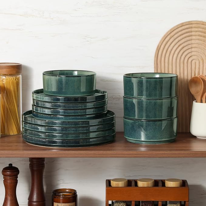 vancasso Starry Plates and Bowls Sets,12 Pieces Green Dinnerware Sets for Kitchen,Modern Stoneware Dishes Set for 4,Dishwasher and Microwave Safe