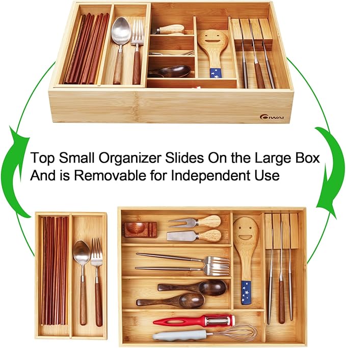 Double Layer Bamboo Kitchen Drawer Organizer Cutlery Utensil Silverware Drawer Organizer, cutlery Silverware Tray for Drawer, deep Utensil Holder Drawer Dividers for Flatware (L: 16.85 × 12.2 in)