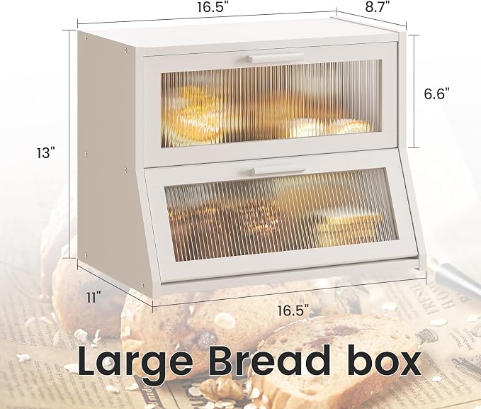 GHWIE Double Layer Bamboo Bread Box for Kitchen Counter,Large Capacity Bread Storage Bin,Bread Container with Acrylic Wavy Door Panel (White, Medium)