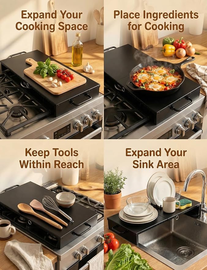 Expandable Gas Stove Top Cover for Gas Ranges & Kitchen Sinks, Heavy-Duty Steel Protector Fits RV, Camper & Small Kitchens, Instantly Add Counter Space(15.75" - 28.74"L x 11.81"W x 3.15"H)