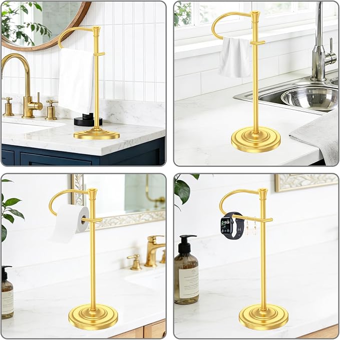 Brass Gold Bath Hand Towel Holder Stand,Stainless Steel 16 Inch Free Standing Towel Rack,Heavy Weight Towel Bar for Bathroom Vanity Countertop &Kitchen
