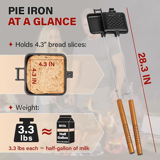 Mountain Pie Maker Cast Iron, Campfire Pie Iron, Hobo Pie Maker for Camping, 2-Pack