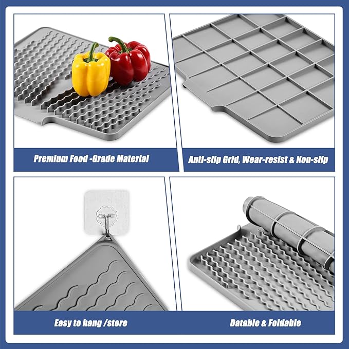 Silicone Dish Drying Mat for Kitchen Counter, Heat-resistant Dish Dryer Mat with Built-in Drain Lip ,Drain Pad Protects Surfaces Prevents Water Build UP