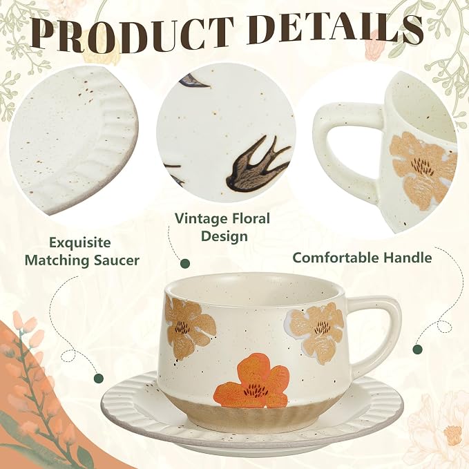 LemonRoad Vintage Tea Cup and Saucer Set of 2, 10oz Porcelain Coffee Mugs with Saucer for Latte Mocha Cappuccino Ceramic Teacups for Housewarming Wedding Gifts Kitchen Table Decor