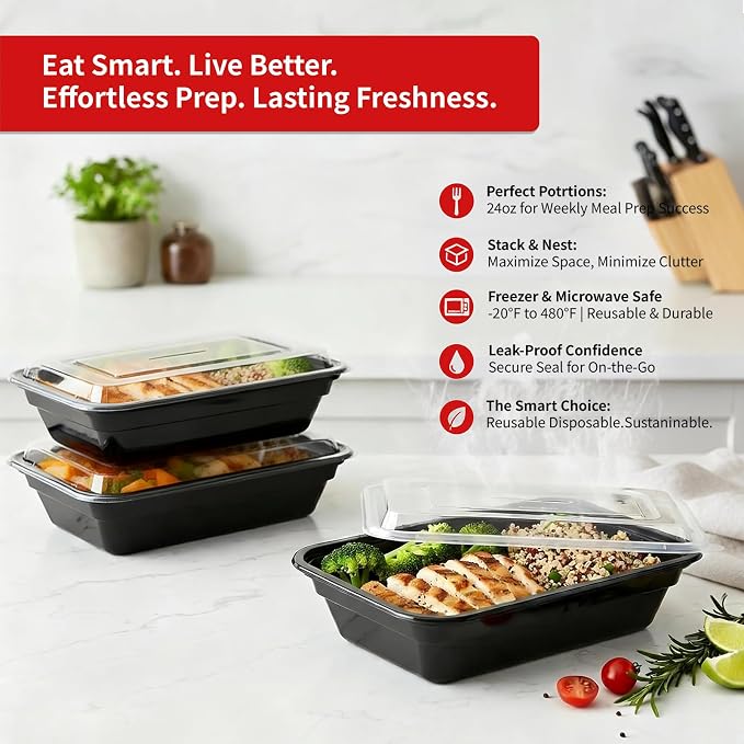 60 Pack Meal Prep Containers with Lids,24 oz,Reusable,To Go | Take Out,Food Storage,Disposable Plastic Lunch Boxes,Sturdy,Freezer,Microwave,Dishwasher Safe,Stackable,Leak-proof