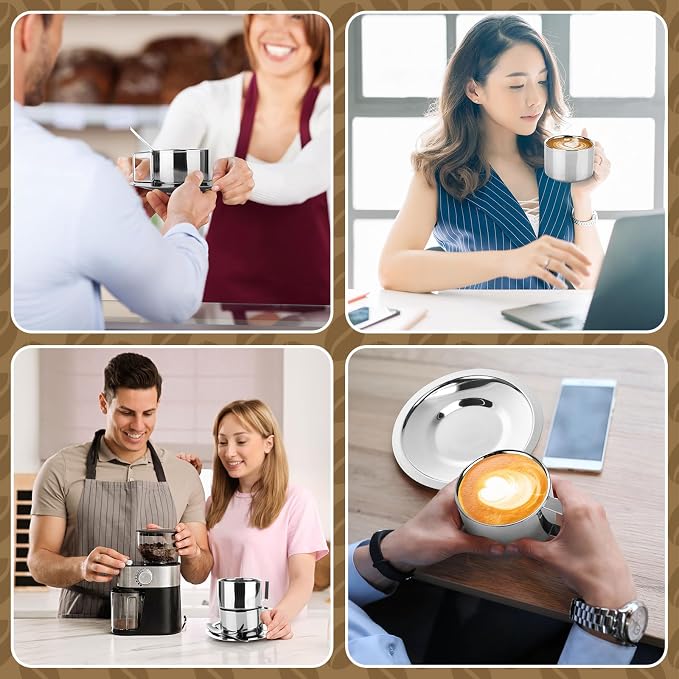 6 Pack Stainless Steel Coffee Cups Set, 7oz Insulated Espresso Cups with Spoon and Saucer, Double Walled Coffee Mugs for Latte, Tea, Milk, Cappuccino