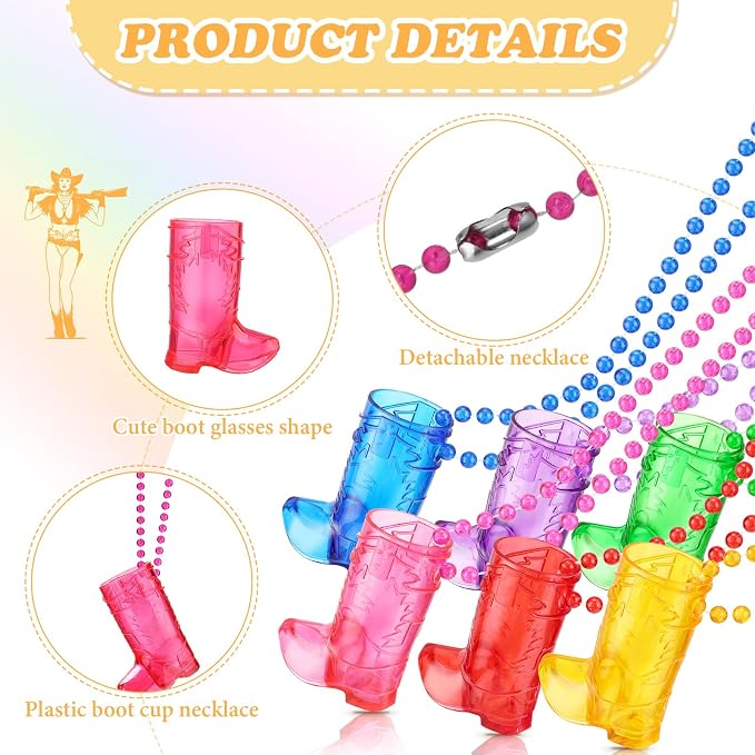 Sieral 24 Pcs Boot Shot Glasses on Beaded Necklace Plastic Cowgirl Shot Glass Cup Necklace Bride Supply for Bachelorette Carnival Party Birthday Wedding Supply (Transparent Colorful)