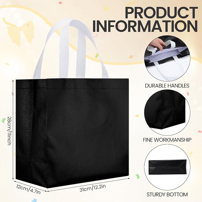 Eccliy Reusable Gift Bags Set Glossy Grocery Gift Tote Bag with Handle for Wedding, Bridal Shower, 4th of July, Summer Event(12 x 11 x 4.7 I Inch,Black,80 Pcs)