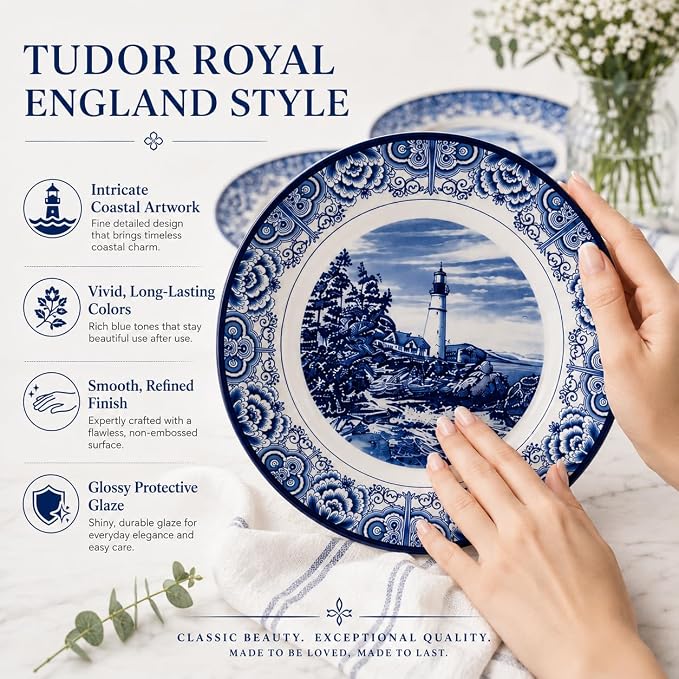 Tudor Royal 12-Piece Round Porcelain Dinnerware Set, Service for 4 - Light House Dark Blue Design, Plates Bowls Dishes, Premium Quality Tableware, Unique Pattern, Glossy