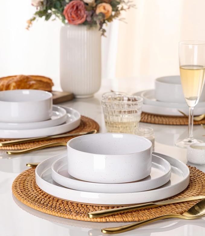 AmorArc Ceramic Dinnerware Set for 6 | Speckled Stoneware Plates and Bowls with Rustic Terracotta Underside| Scratch Resistant,Dishwasher & Microwave Safe Dishes Sets- 18pcs White
