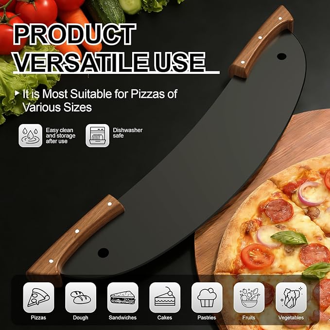 20-Inch Pizza Rocker Blade Cutter, Stainless Steel with Double Wooden Handles, Professional Pizza Slicer，Black