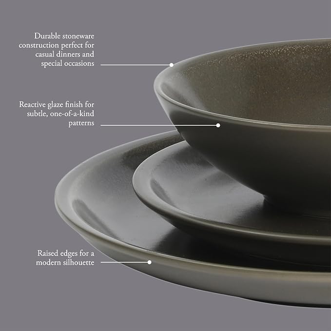 Gibson Elite 12 Piece (Service for 4) Lakecrest Plates and Bowls Reactive Glaze Round Dishes Stoneware Ceramic Dinnerware Set - Dark Green