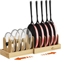 Housolution Bamboo Pot and Pan Organizer for Cabinet, 15"-29" Expandable Pot Lid Organizer with 10 Adjustable Dividers, Pan Holder Storage Rack with Solid Bamboo Wooden Base