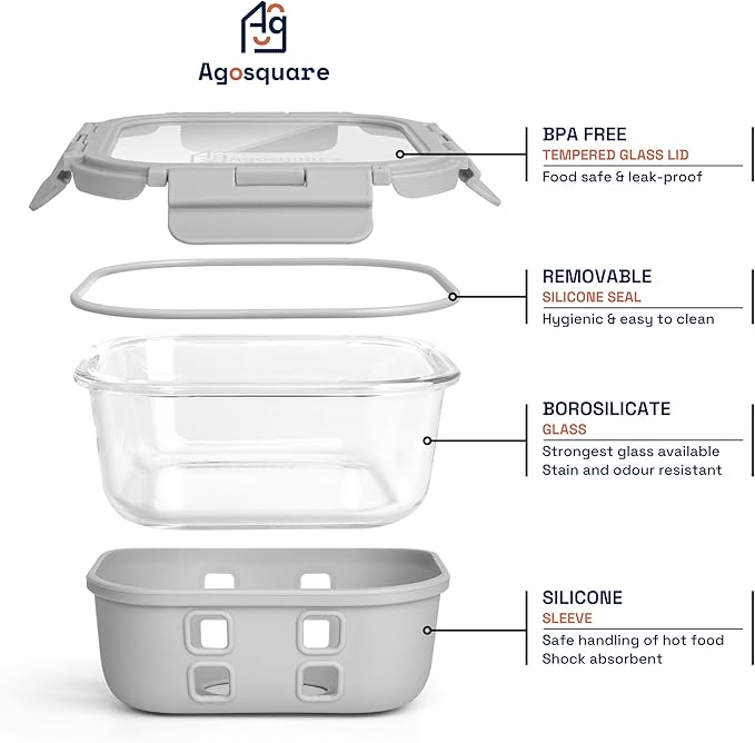 Glass Food Storage Containers with Glass Lids – 28oz Meal Prep Containers, Lunch Box with Silicone Sleeve – Stackable Containers for Lunch & Leftovers