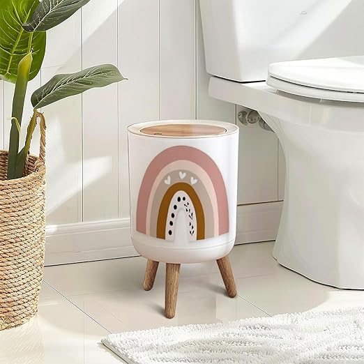 Trash Can with Lid Nursery Print for Playroom Kids Baby Bedrooms Press Top Round Small Garbage Bin with Wooden Legs Waste Basket for Kitchen Bedroom Nursery 7L/1.8 Gallon