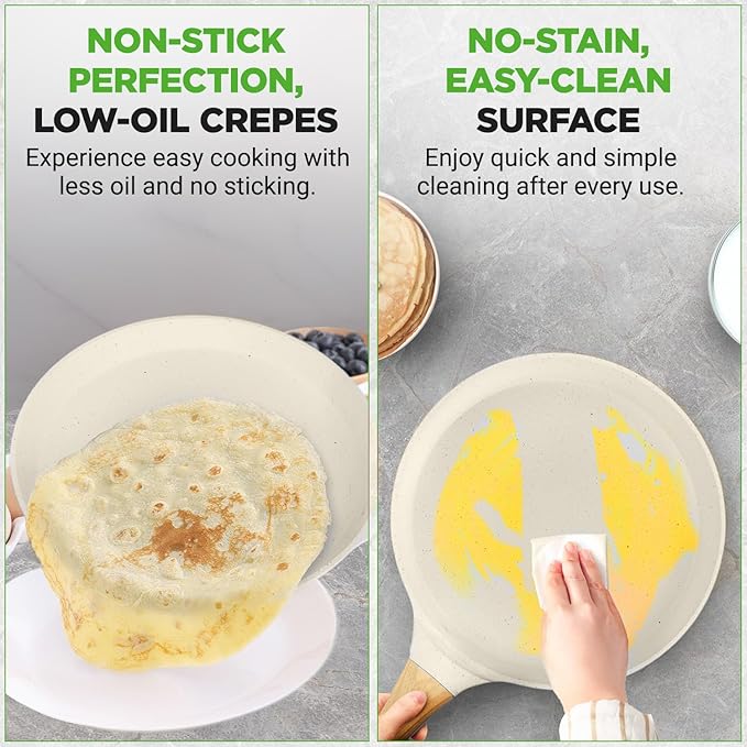 NutriChef 9.45” Non-Stick Crepe Pan with Wooden Spreader, Durable Marble Coated Dosa Pan, Bakelite Handle and Induction Bottom, PFOA/PFOS Free, Dishwasher Safe, Even Heat Distribution (White Cream)