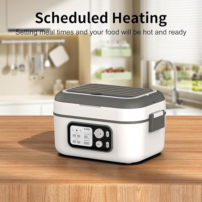 Cordless Electric Heated Lunch Box, 1.5L - 6.3 Cups 100W Rechargeable Smart Self-Heating Food Warmer with Removable Divider, Spoon, Fork, BPA Free, Portable Lunchbox for Car Travel Office
