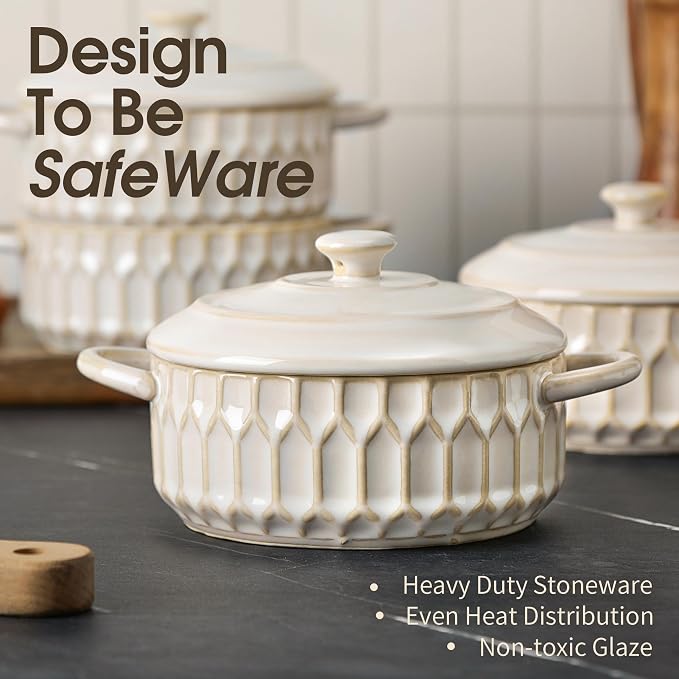 Mini Cocotte Set of 4, 14 oz Ceramic Mini Cocotte with Lids, Small Ceramic Casserole Dishes for Oven, Individual Baking Dish for Mini Sourdough, Soup, Soufflé & Pot Pie, Oven Safe