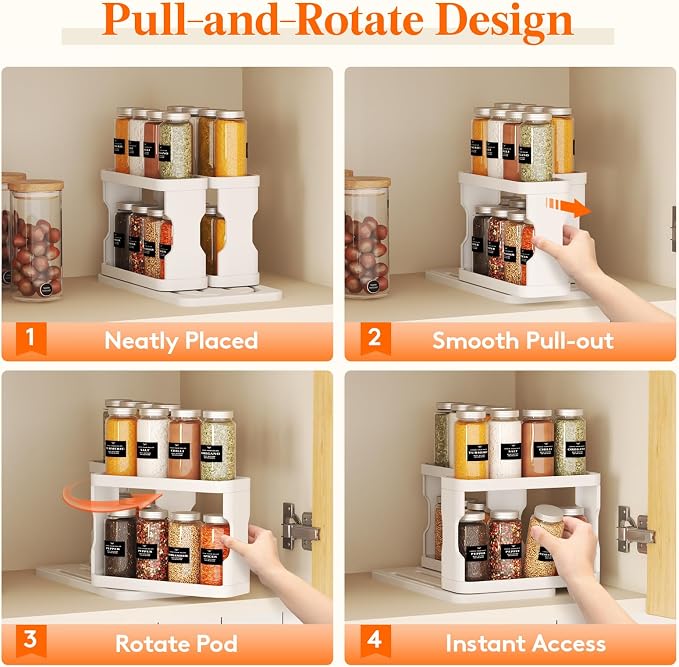 Lifewit Spice Rack Organizer for Cabinet, Slide & Rotate Spice Organizer, Double 3-tier Adjustable Shelves with Fence & Non-Skid Pad, Seasoning Medicine Organization, 9.2" H x 6.1" W x 11.4" D, White