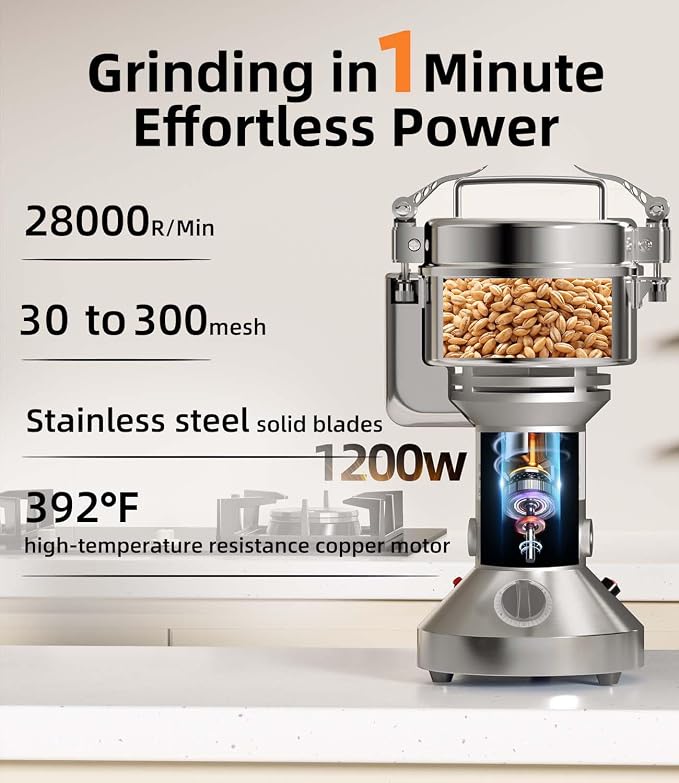 Electric Grain Mill 300g, 1200W Flour Grinder Mill Stainless Steel for Home, Counter Grain Grinder for Wheat, Rice, Wheat Berry, Corn, Herbs, Spices, Oats
