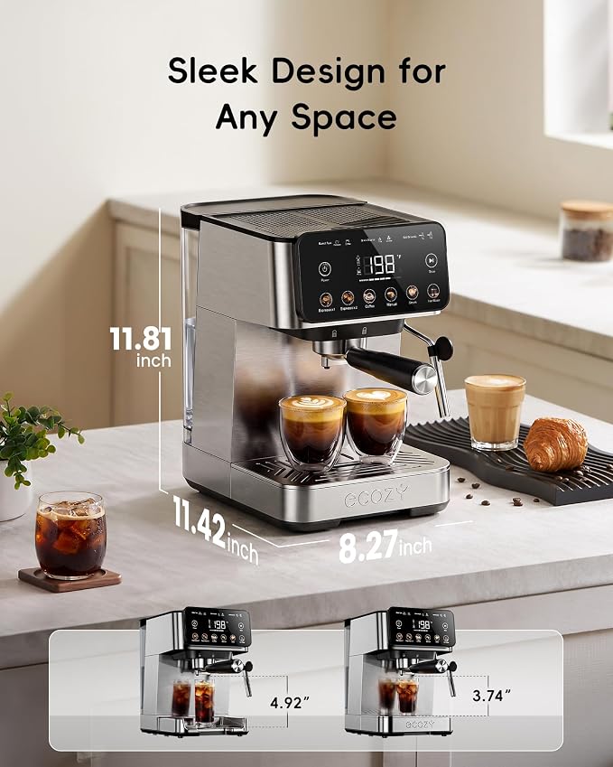 ecozy 2-in-1 Espresso Machine with Milk Frother, Guided Touchscreen | Coffee Maker Combo for Brewing Barista-quality Coffee, Lattes, Cappuccinos, and Americanos at Home
