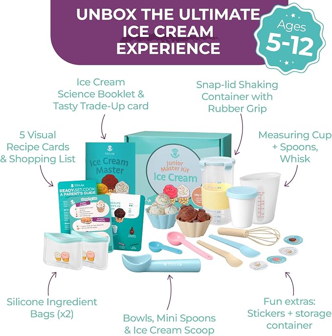 Tovla Jr. Kids Ice Cream Science Maker Kit | Real Reusable | Ages 5-12 | Learning Activity & Gift Set | Includes Visual Recipes, Scoop, Bowls & Shaker