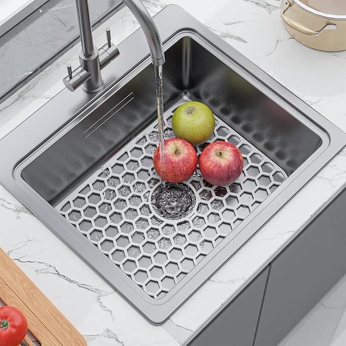 Bestjing Silicone Sink Protectors for Kitchen Sink with Center Drain - 18.2"x12.5" Kitchen Protector Accessory, Non-Slip Heat Resistant Mat for Bottom of Porcelain Stainless Steel (White)