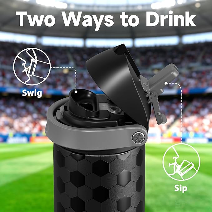 24 oz Insulated Water Bottle for Sports: Meoky Stainless Steel Soccer Water Bottle with 2-in-1 Lid - Leak Proof, Cold for 24 Hours, Fits in Car Cup Holder, Soccer Gifts for Boys Girls, Arena Night