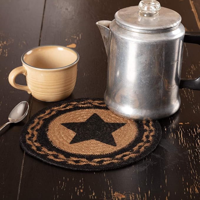 VHC Brands Farmhouse Primitive Star Black Stenciled Textured Round Kitchen Table Jute Trivet 8