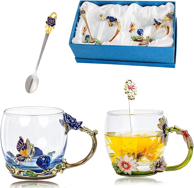 Tea Cup Glass Coffee Mugs,Fancy Tea Cup Set Birthday Christmas Valentine's Day Gift Idea for Tea Lover and Women Novelty Coffee Mugs Rose Flower Enamel Tea Cup Glass Mug with Spoon (Blue & Green)